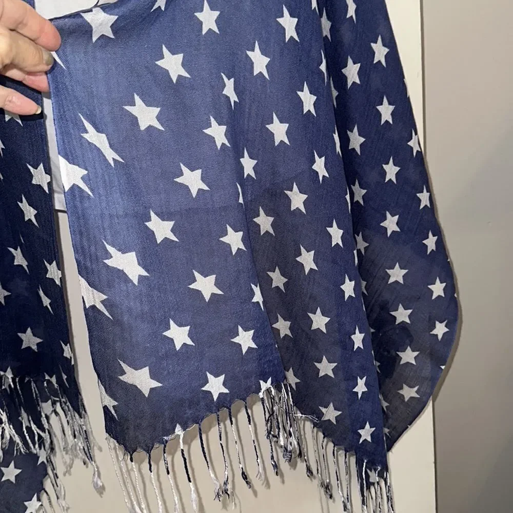 Thin blue shawl/wrap with white‎ stars & fringe hem